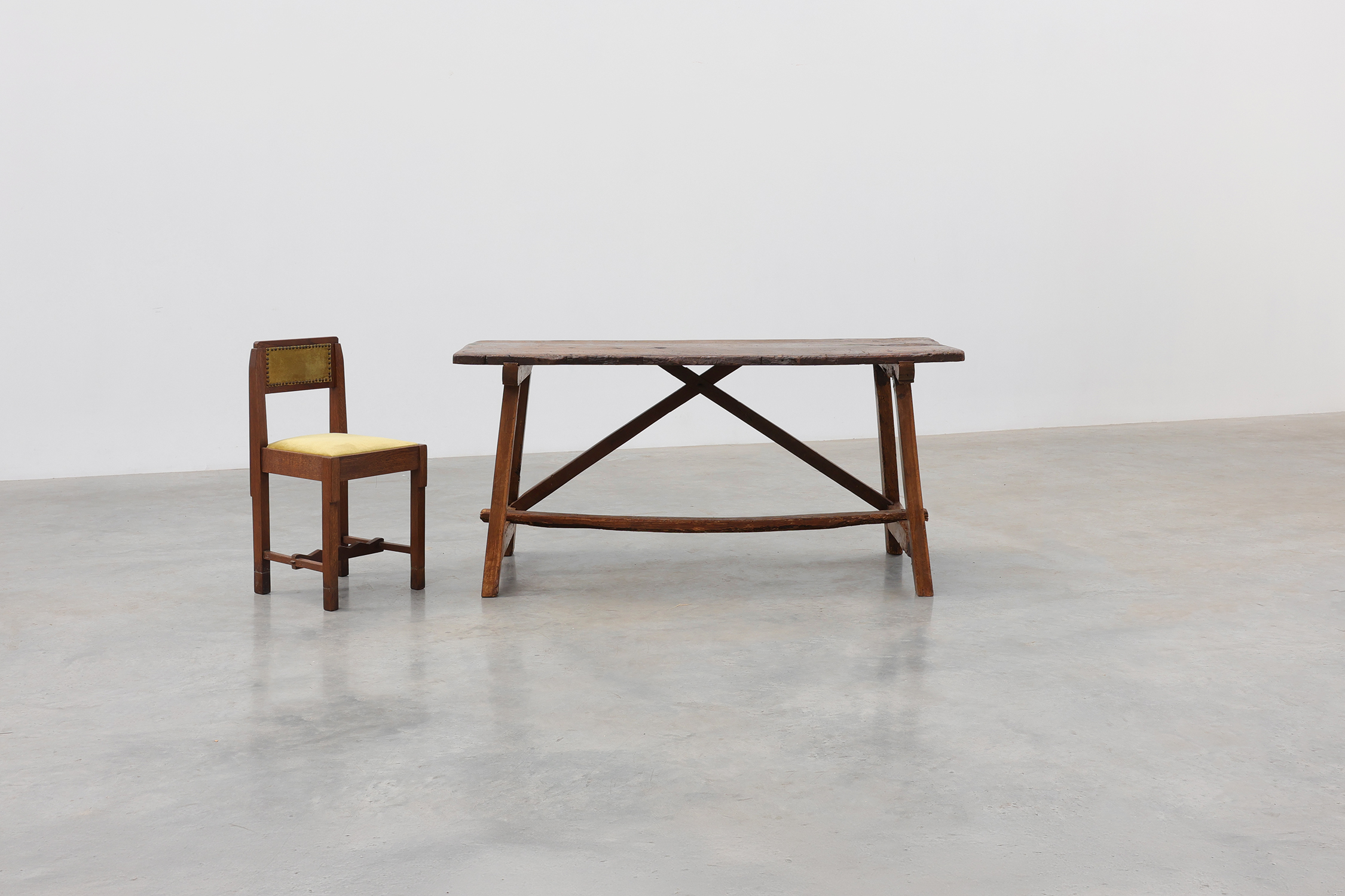 Spanish Rustic Trestle Table with Drawer and X-Stretchers, Spain, 19th Centurythumbnail